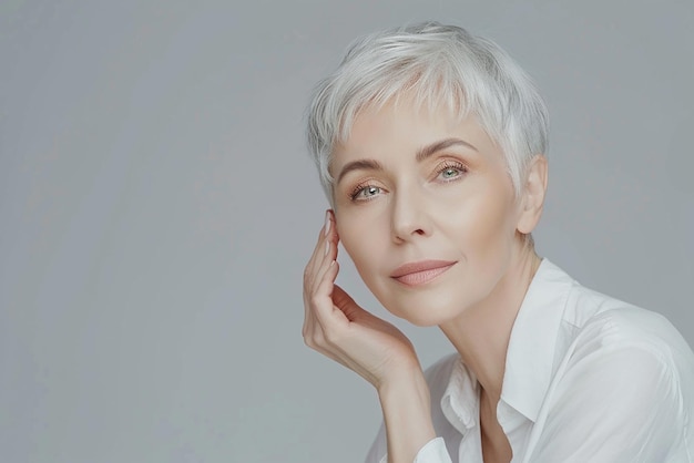 a woman with white hair and a white shirt is posing for a picture