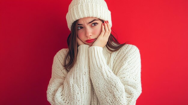 Photo a woman with a white hat and a red background