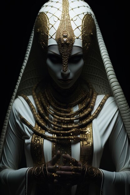 a woman with a white headdress and a silver headdress with gold beads