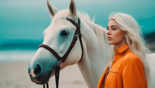 A woman with a white horse on the beach