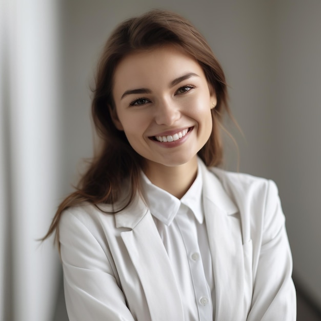 A woman with a white jacket is smiling and is wearing a white jacket.