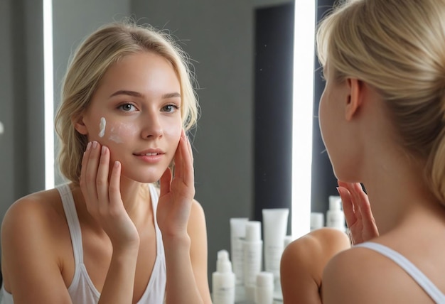 Photo a woman with a white makeup on her face is looking at her reflection in a mirror