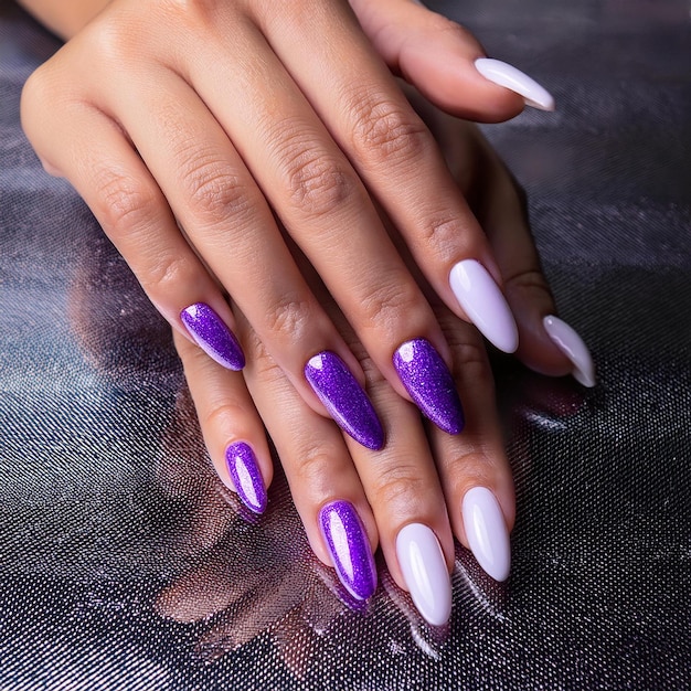 a woman with white nails that has purple nails with white tips