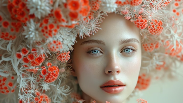 Woman with white and orange coral headpiece pale skin and light blue eyes exuding an otherworldly and serene aura