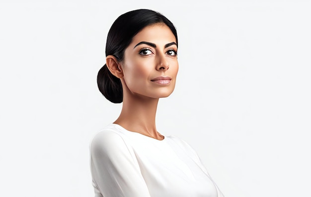 A woman with a white shirt and black hair stands in front of a white background.