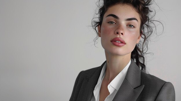 a woman with a white shirt and a black jacket is posing for a photo