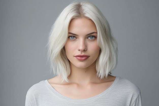 A woman with a white shirt and blue eyes looks into the camera.