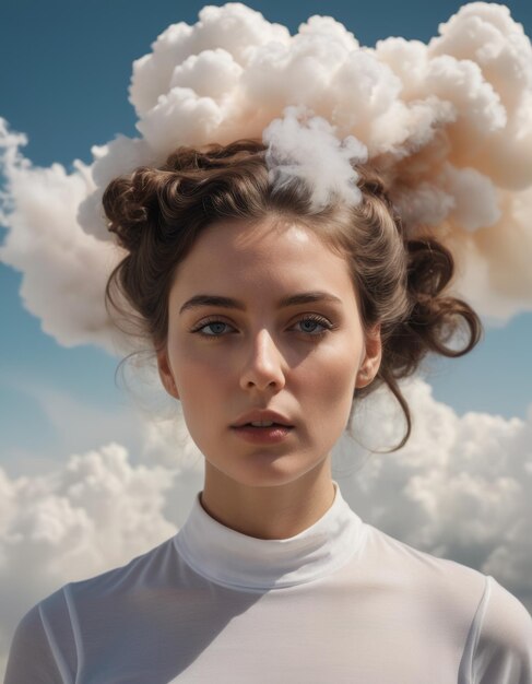 Photo a woman with a white shirt and a cloud in the sky