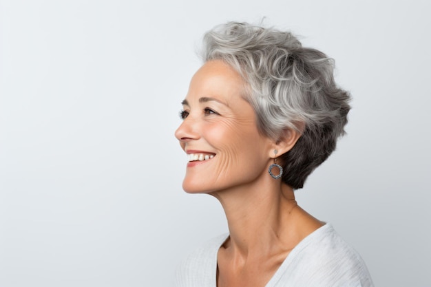 a woman with a white shirt and earrings smiling