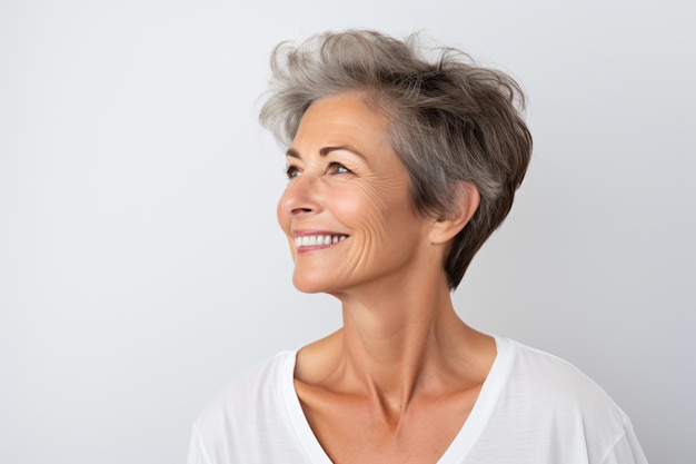 a woman with a white shirt and a gray hair