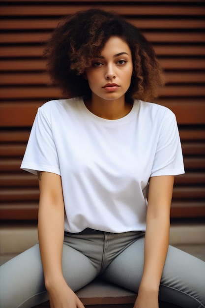 Woman with white shirt and grey pants sitting on bench Generative AI