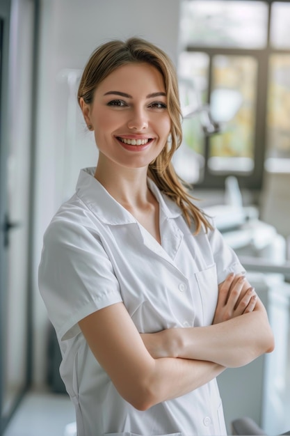 a woman with a white shirt is standing in front of a window