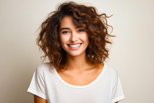 Woman with white shirt and smile on her face Generative AI