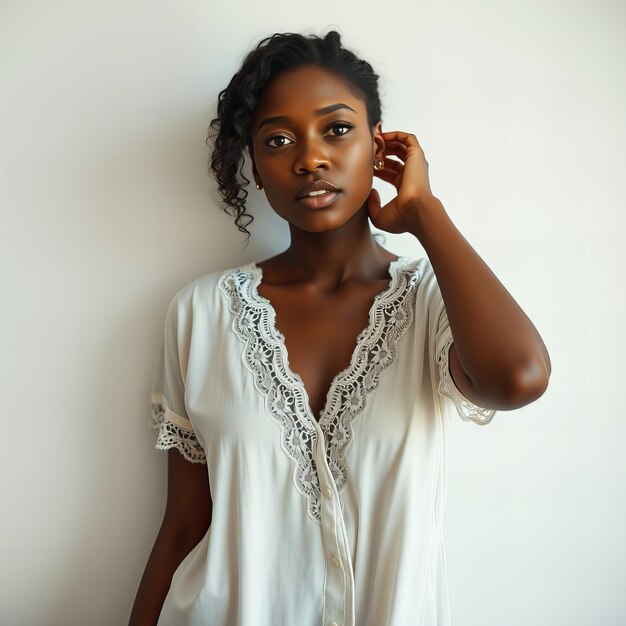 a woman with a white shirt that says  she is wearing a white shirt