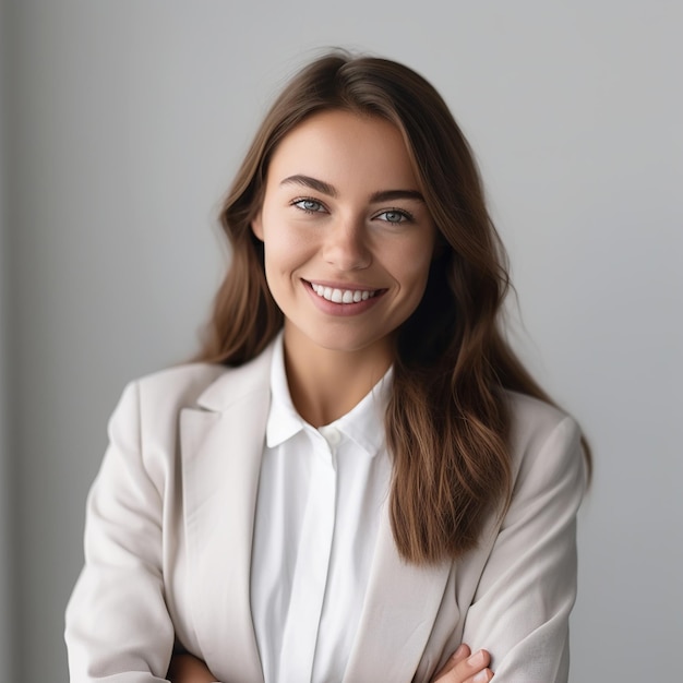 A woman with a white shirt and a white shirt smiles and smiles.