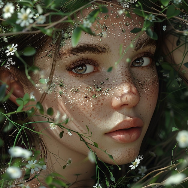 a woman with white spots on her face is surrounded by greenery