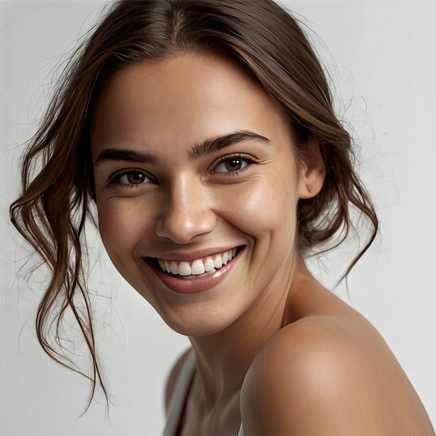 a woman with a white tank top that says she is smiling