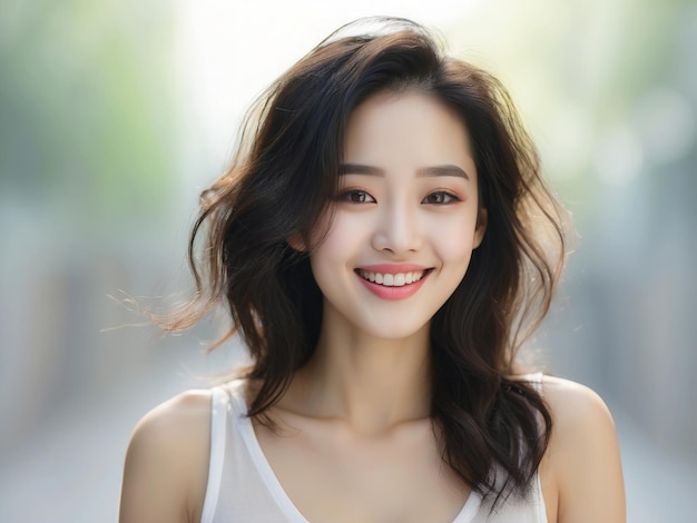 a woman with a white tank top and a white tank top is smiling