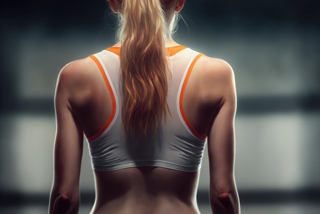 A woman with a white top and orange straps is standing in front of a dark background.