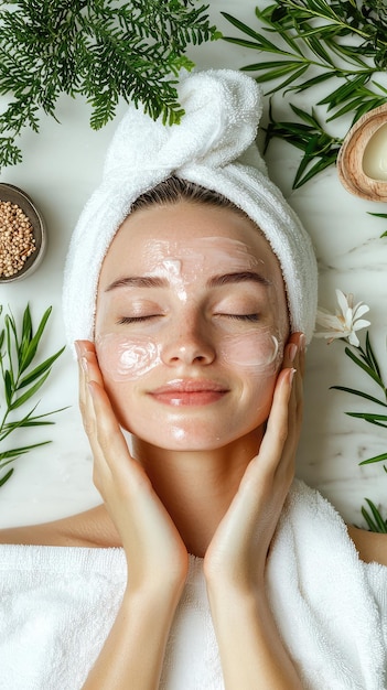 A woman with a white towel on her head receives a rejuvenating facial treatment with organic products Her eyes are closed and she is smiling peacefully