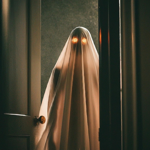 a woman with a white veil on her head is looking out a door