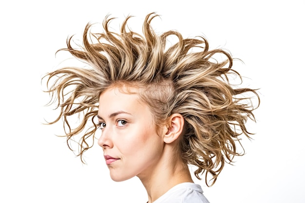 Woman with windblown hair isolated on white background