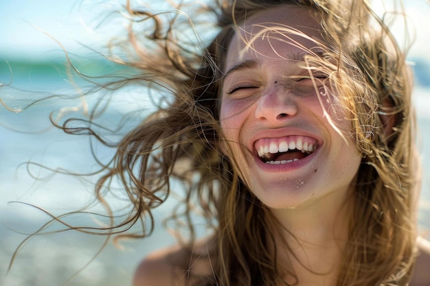 A woman with windswept hair laughing capturing a candid joyful moment