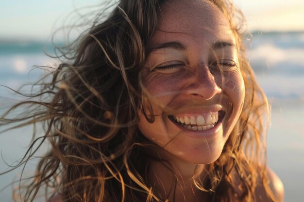 A woman with windswept hair laughing capturing a candid joyful moment