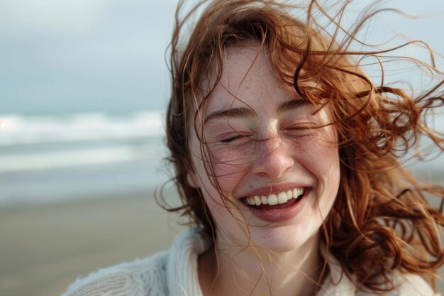 A woman with windswept hair laughing capturing a candid joyful moment