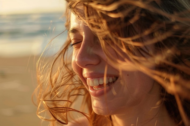 A woman with windswept hair laughing capturing a candid joyful moment