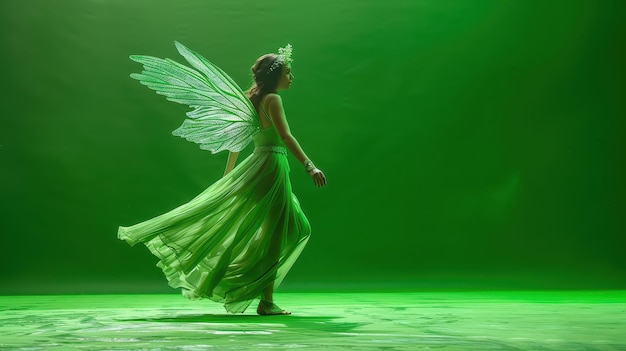 Woman with Wings in Green Dress on Green Background