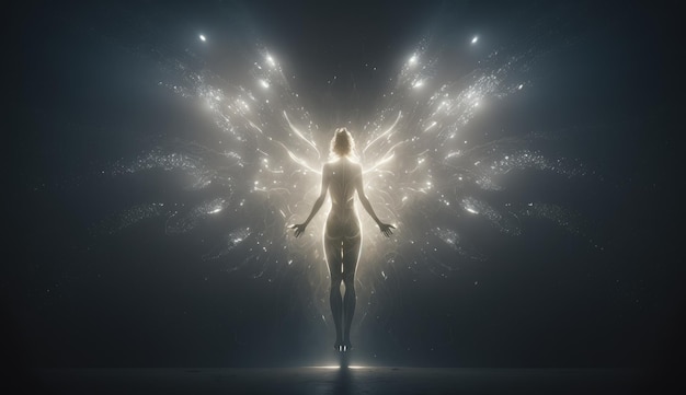 A woman with wings that are glowing in the dark