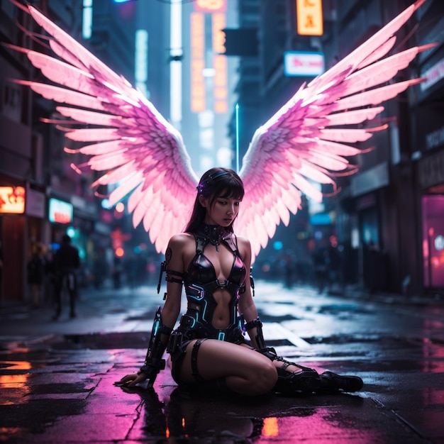 A woman with wings that says angel on the side of the street