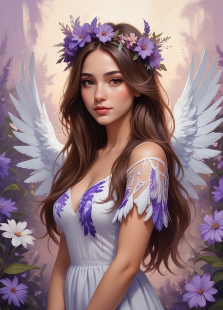 a woman with wings and wings on her head is wearing a white dress with purple flowers