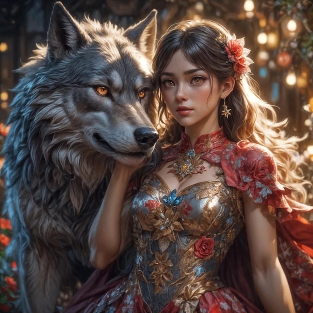 a woman with a wolf on her back is posing with a wolf