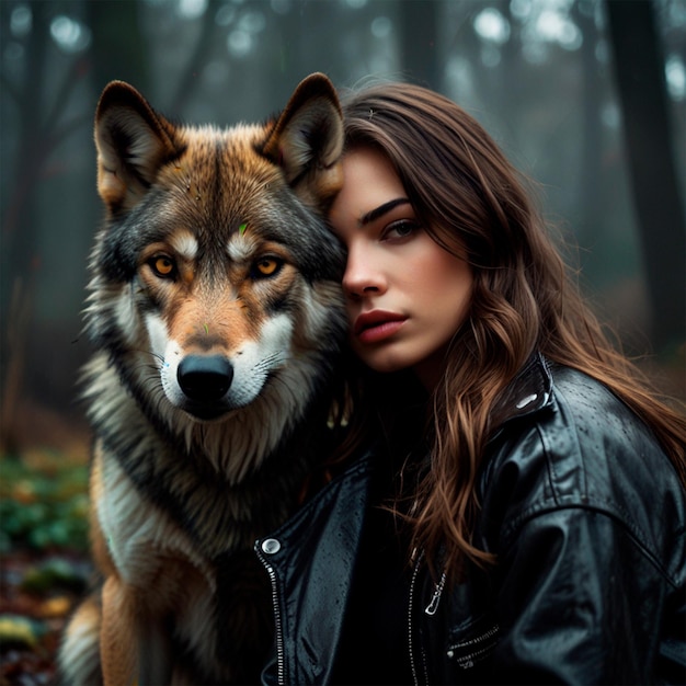 Photo a woman with a wolf on her back is posing with a wolf