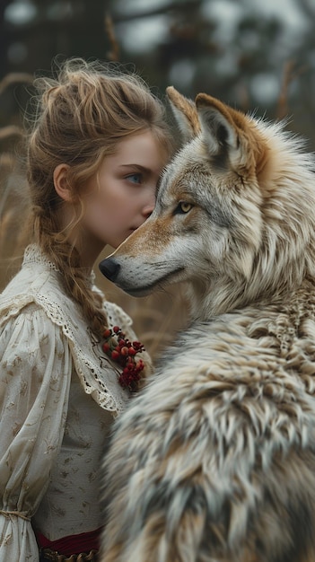 a woman with a wolf on her chest is kissing a wolf