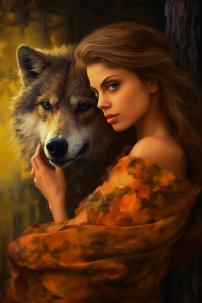 A woman with a wolf on her shoulders