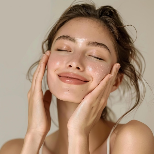 a woman with the word acne on her face