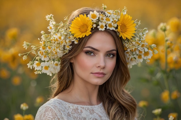 a woman with a wreath of daisies in her hair