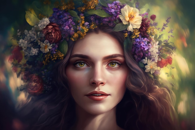 Woman with wreath of flowers on her head spring beauty portrait natural makeup