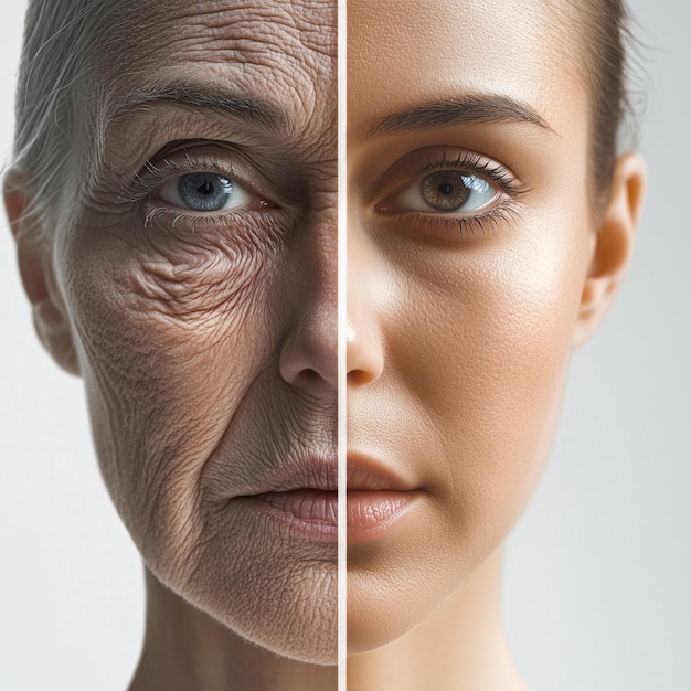 a woman with wrinkles on her face and the other half of her face