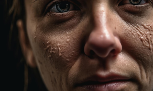 A woman with wrinkles on her face and the word skin on her face