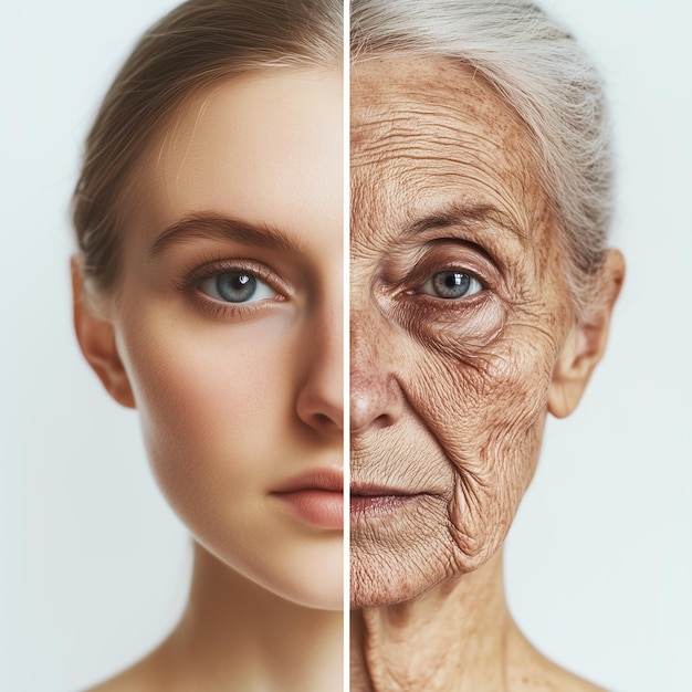 Photo a woman with a wrinkles on her face and the words natural on white background generated ai