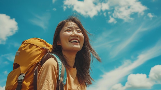 a woman with a yellow backpack on her back with the sky in the background