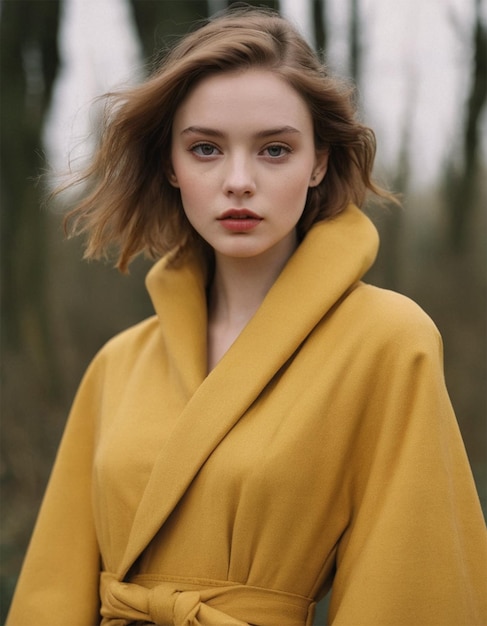 a woman with a yellow coat is wearing a yellow coat with a hood