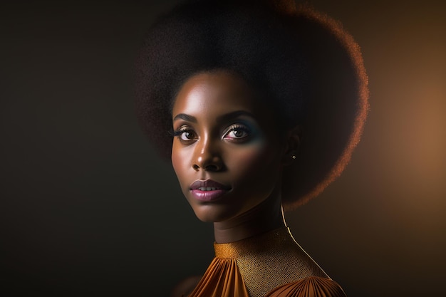 A woman with a yellow dress and a black afro