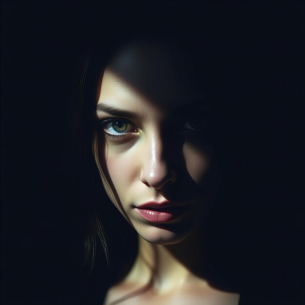 a woman with a yellow eye and a black background