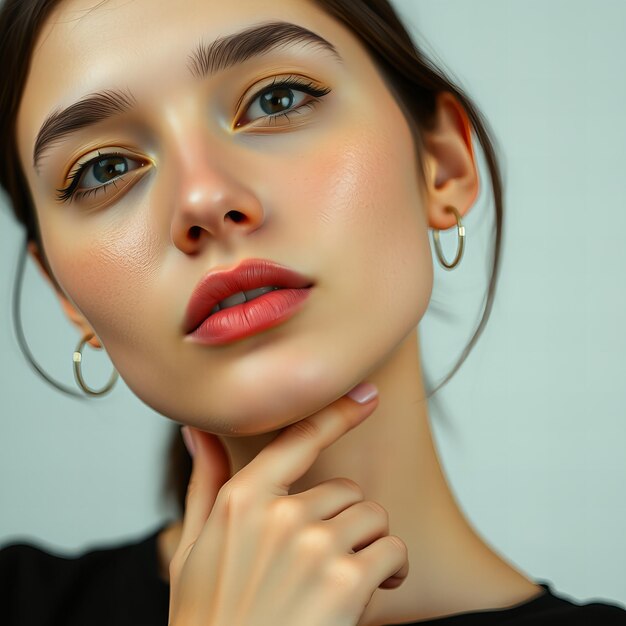 a woman with a yellow eye and a red lip is looking up with her hand on her chin