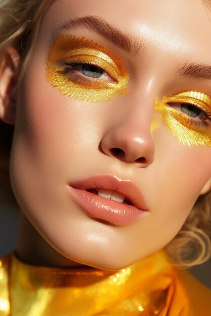 A woman with yellow eyes and yellow feathers on her face